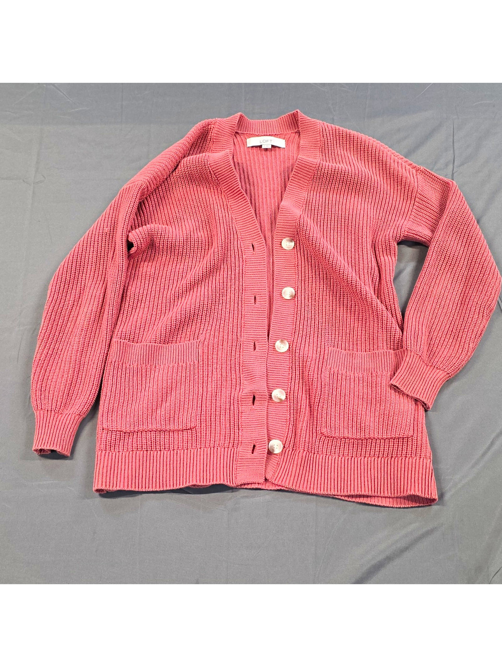 LOFT Women's S Pink Rib-Knit V-Neck Button Front Cardigan Sweater Pockets